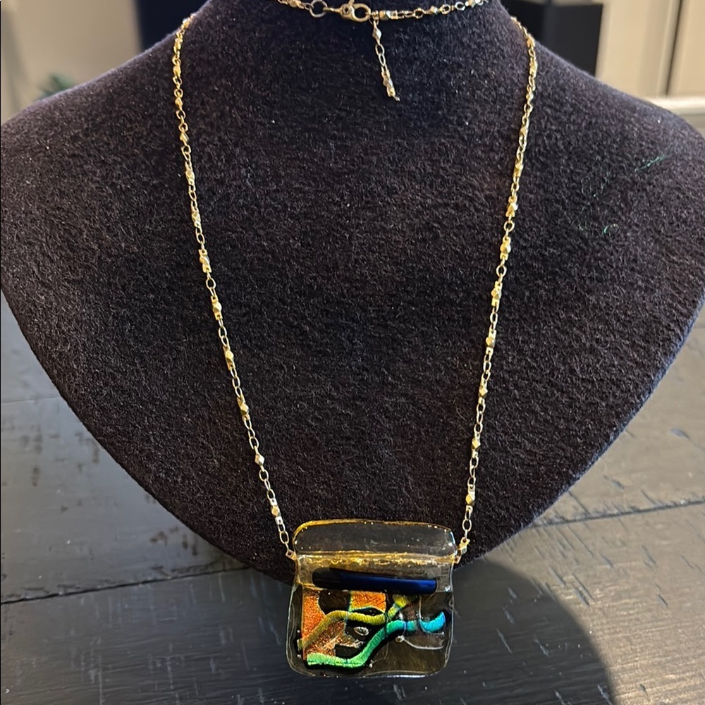 Vintage As Is Dichroic Glass Colorful Gold Tone Multicolor Pendant Necklace